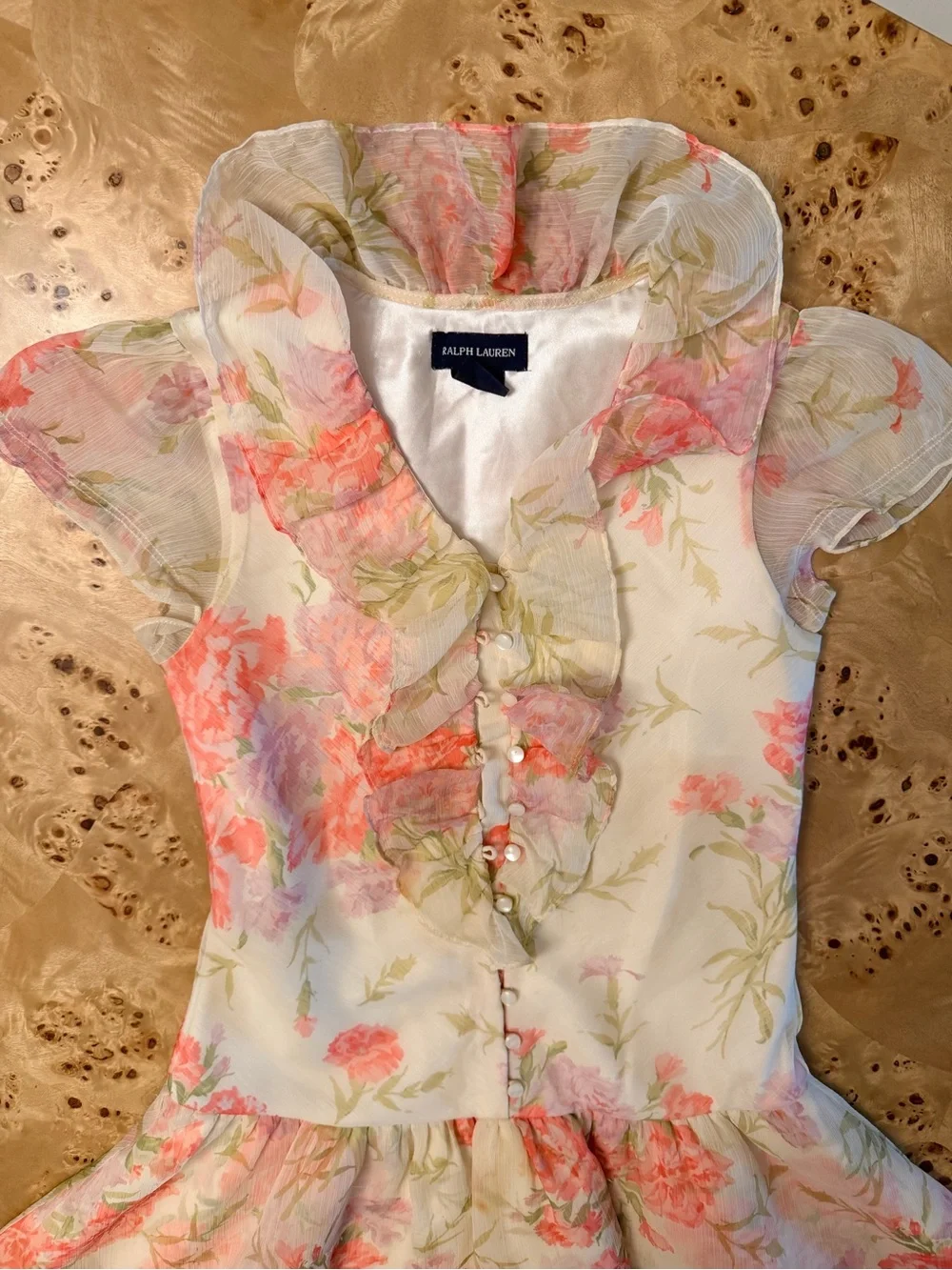 Ralph Lauren Ivory Floral Ruffle Chiffon Dress with Coral Accents